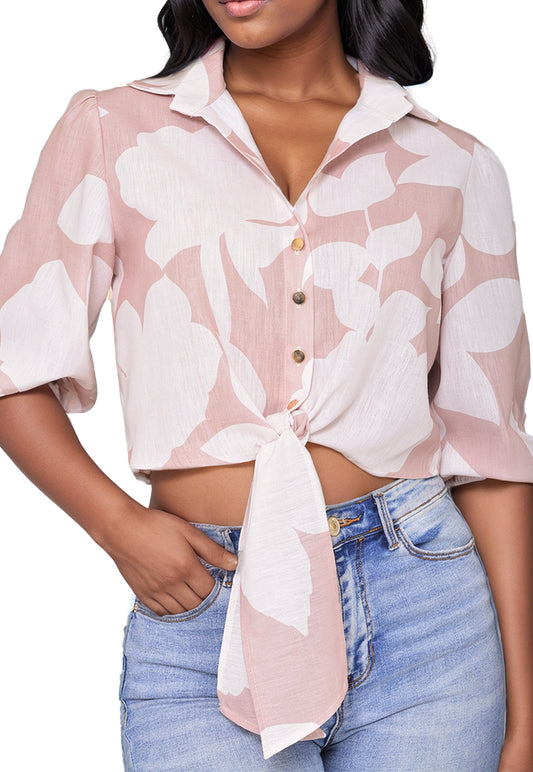 Camisa crop floral manga 3/4 con botones